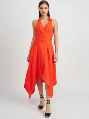 En Saison Sonnet Sleeveless V-Neck Halter Handkerchief Hem Dress in Orange